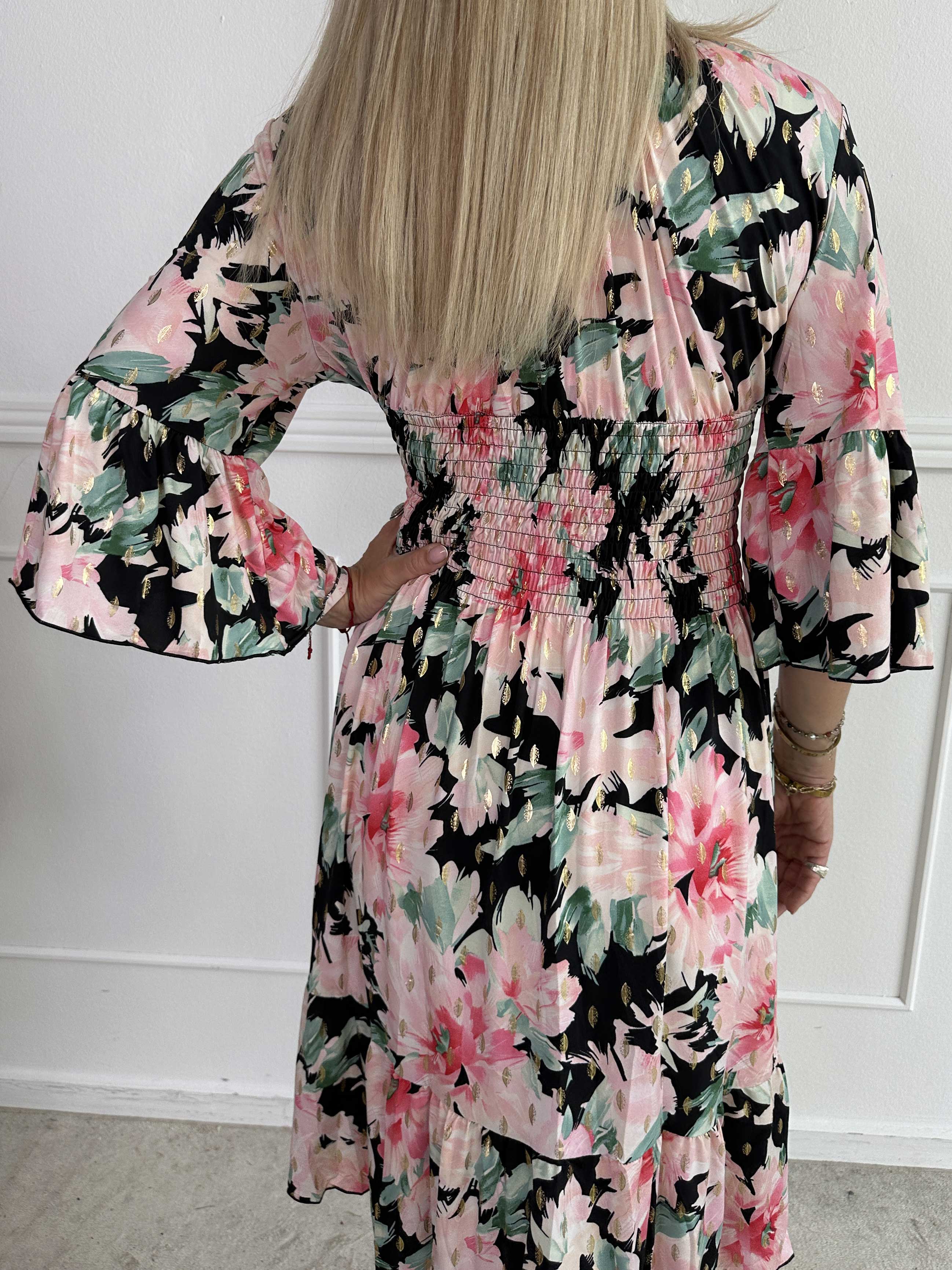 Flora Flower - Elastisk blomstret kjole med smock og flæse på ærmet